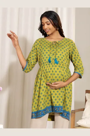 Janasya Ethnic Motifs Printed Tie-Up Neck Cotton Maternity A-Line Tunic