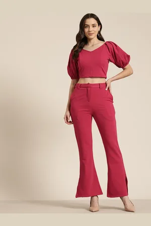 HERE&NOW Sweetheart Neck Puff Sleeves Crop Top & Flared Trousers