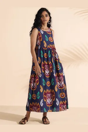 trueBrowns Ikat Printed Sleeveless Pure Cotton Fit & Flare Ethnic Dress