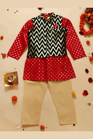 SAKA DESIGNS Boys Ethnic Motifs Printed Kurta & Pyjama With Chevron Printed Nehru jacket