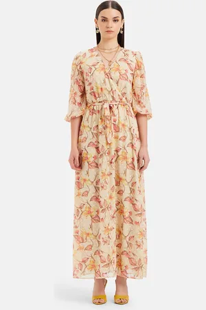 Kazo Floral Printed V-Neck Puff Sleeve Fit & Flare Casual Dress