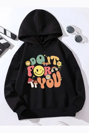 Stylecast Girls Black Typography Printed Hooded Pullover Sweatshirt