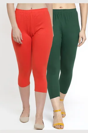 Jinfo Women Set Of 2 Orange & Green Solid Capris