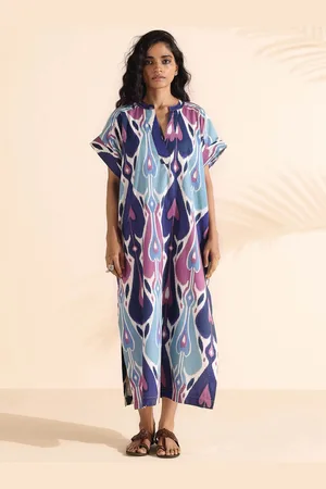 trueBrowns Ikat Printed Extended Sleeves Pure Cotton Ethnic Midi Oversized Kaftan Dress