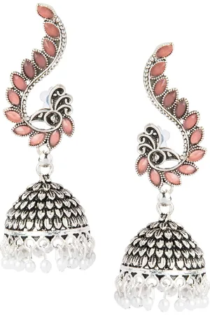 Shivansh Woman Silver-Toned Peacock Shaped Jhumkas Earrings