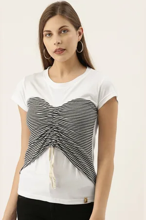 Campus Striped Round Neck Gathered Cotton Top