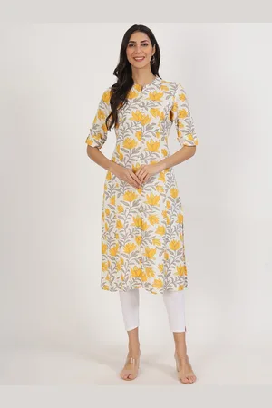 Divena World Floral Printed Band Collar Roll-Up Sleeves Straight Kurta