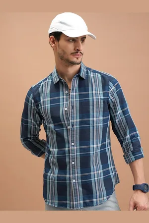 Highlander Men Indigo Dobby Textured Checked Utility Pocket Overshirt