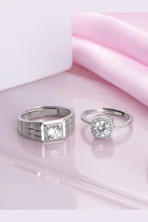 Zavya Unisex Set Of 2 92.5 Sterling Silver Rhodium-Plated CZ-Studded Couple Finger Ring