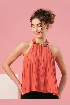 Globus Rust Halter Neck Accordion Pleats Crepe Top