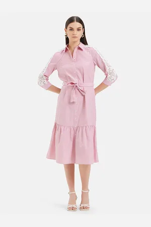 Kazo Shirt Collar Cuffed Sleeves Cotton Midi Shirt Dress