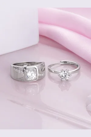 Zavya Set Of 2 Rhodium-Plated CZ-Studded Couple Finger Rings