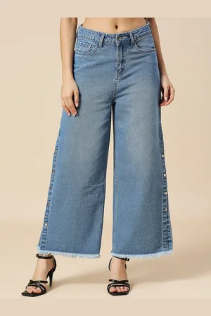HJ HASASI Women Wide Leg Slit High-Rise Light Fade Jeans
