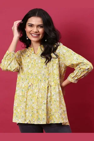 Aila Floral Printed Notched V-Neck Cuffed Sleeves A-Line Top