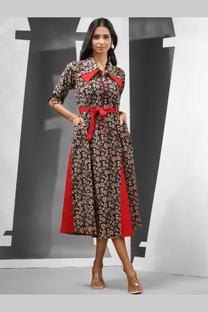 Charukriti Floral Printed Cotton Fit & Flared Cotton Midi Ethnic Dress