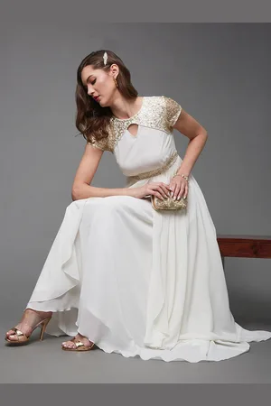Miss Chase Women Embellished Layered Keyhole Neck Georgette Maxi Dress