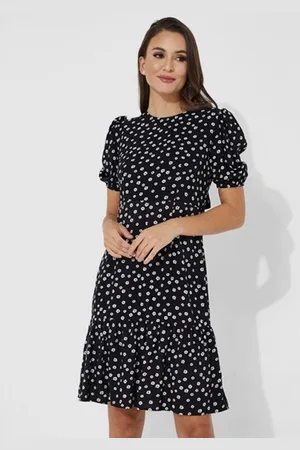 Aila Bandhani Printed Puff Sleeves Tie Up Fit & Flare Above Knee Dress