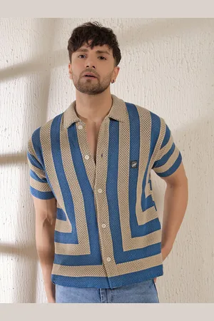FUGAZEE Relaxed Spread Collar Striped Crotchet Knitted Cotton Casual Crochet Shirt