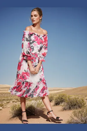 Rare Fashion White & Pink Floral Printed Off-Shoulder Puff Sleeve Blouson Midi Dress