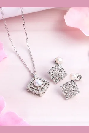Zavya Women Rhodium-Plated Pearl Studded Sterling Silver Necklace with Earrings