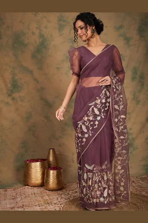 Sangria Women Floral Thread and Sequins Embroidered Saree with Blouse Piece