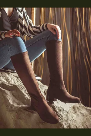 SAINT G. Women Brown Stretch Suede Leather Knee High Boots