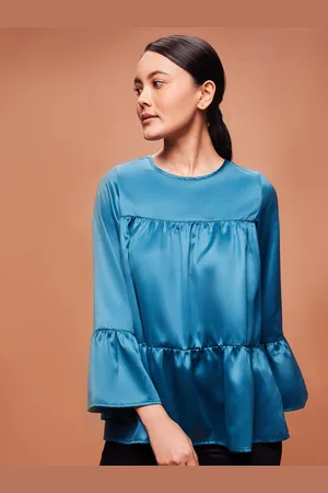 Bombay High Women Solid Bell Sleeves Tiered Satin Top