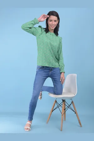 Crimsoune Club Floral Print Round Neck Cuffed Sleeves Regular Top