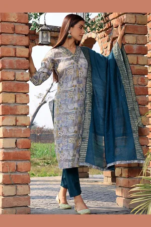 Armaan Ethnic Motif Printed Thread Work Straight Kurta & Trousers With Dupatta