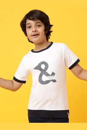TALES & STORIES Boys White & Navy Blue Typography Printed T-shirt
