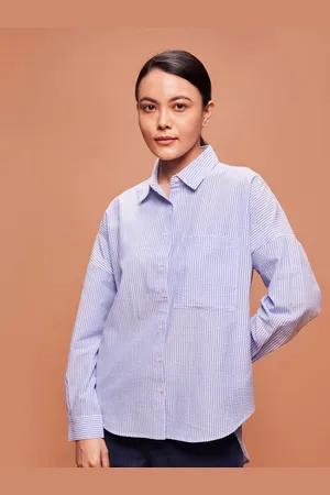 Bombay High Women Oversized Yarn Dyed High Low Hem Striped Shirt