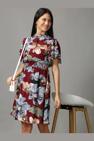 SHOWOFF Maroon Floral Chiffon Ethnic A-Line Dress