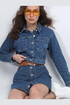 VERO MODA Spread Collar Washed Pure Cotton Crop Denim Jacket