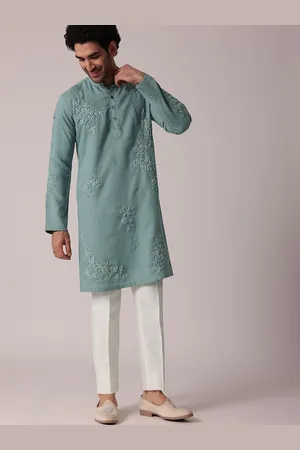 KALKI Fashion Floral Embroidered Mandarin Collar Linen Kurta with Trousers