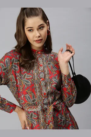 SHOWOFF Red Ethnic Motifs A-Line Midi Dress