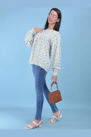 Crimsoune Club Floral Print Cotton Round Neck Cuffed Sleeves Opaque Casual Top
