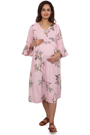 Baby Moo Floral Printed Bell Sleeves Maternity Chiffon A-Line Midi Dress