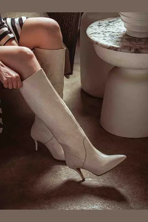 SAINT G. White Croco-Skin Textured Leather High-Top Heeled Boots