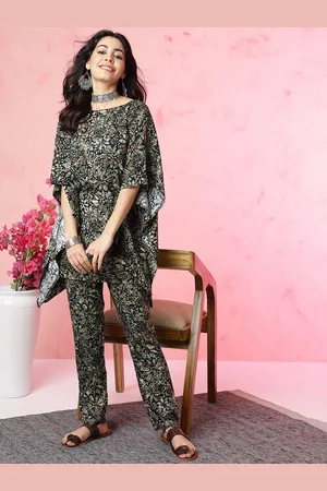 Anouk Black Printed Kaftan Top With Trousers