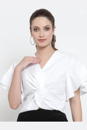 NEUDIS Women White Twisted Cotton Crop Top