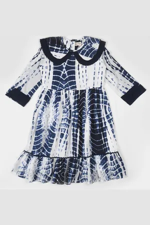 Bella Moda Girls Tie & Dye Printed Peter Pan Collar Gathered Cotton Fit & Flare Dress