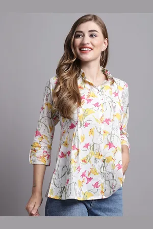 Kalini Floral Printed Roll-Up Sleeves Cotton Shirt Style Top