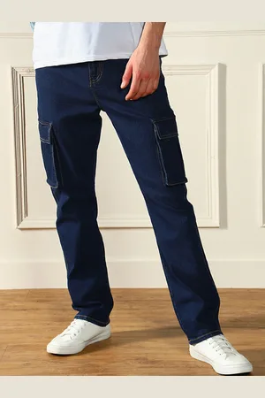 Dennis Lingo Men Straight Fit Mid-Rise Dark Shade Clean Look Stretchable Cargo Jeans