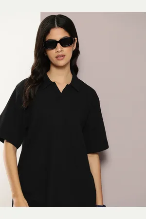 Dillinger Women Waffle Structure Self Design Oversized Polo Collar T-shirt