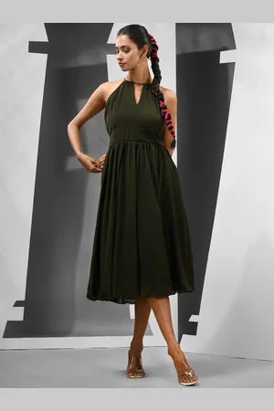 Charukriti Halter Neck Sleeveless Cut Out Georgette Fit & Flared Midi Dress