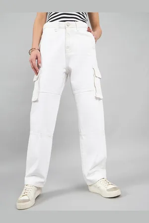 Style Quotient Women White Relaxed Fit High-Rise Cotton Cargos Jeans