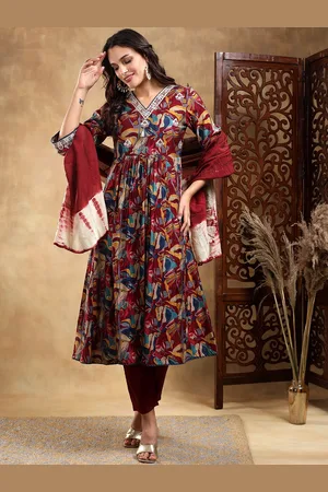 Bani Women Floral Printed Anarkali Thread Work Kurta with Trousers & Dupatta