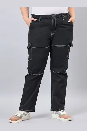 Style Quotient Women Plus Size Black Relaxed Fit High Rise Cotton Cargos Jeans