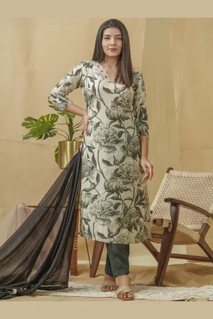 Ishin Floral Printed Regular Thread Work Linen Kurta with Trousers & Dupatta