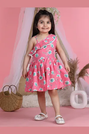Cutiekins Girls Floral Printed Cotton Flared Pom-Pom Fit & Flare Dress